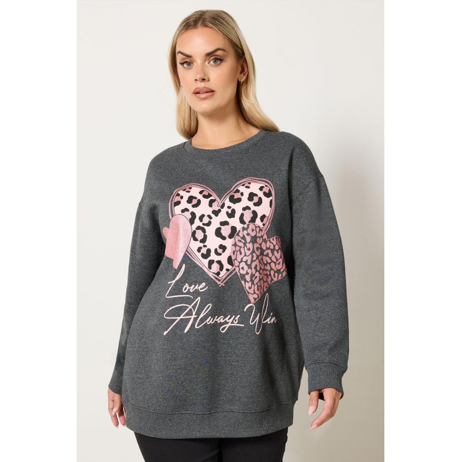 Yours Curve Grey 'Love Always' Glitter Hart Sweatshirt Size 58-60 Grijs