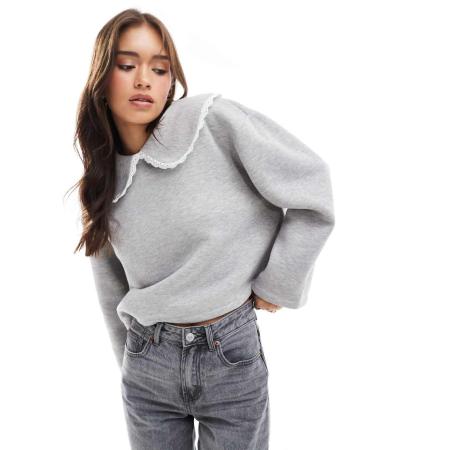 ASOS DESIGN Sweater met kanten kraagje in gemêleerd lichtgrijs
