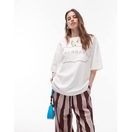 Topshop Oversized opengwerkt T-shirt met Terrazzo-slogan in wit