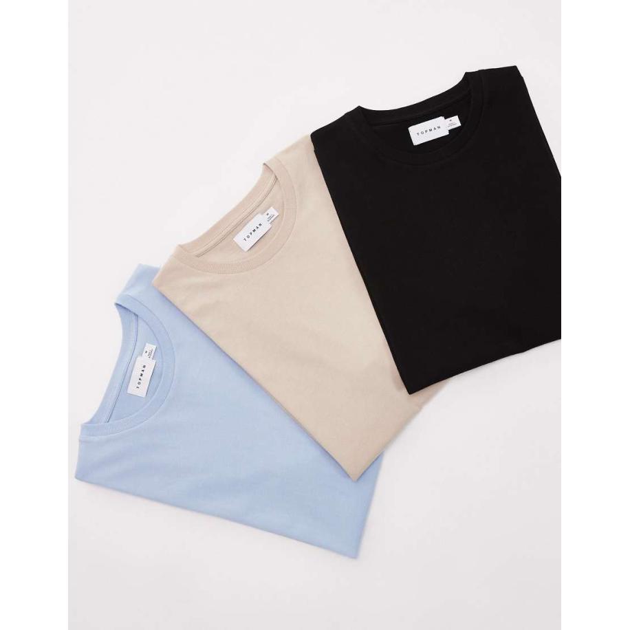 Topman - Set van 3 T-shirts met normale pasvorm in zwart, beige en lichtblauw-Veelkleurig Multicolor