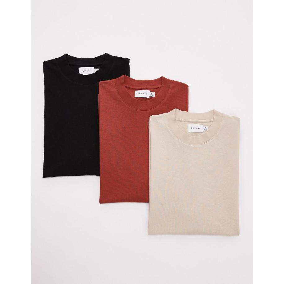 Topman - Set van 3 T-shirts met oversized pasvorm in zwart, beige en bordeauxrood-Veelkleurig Multicolor