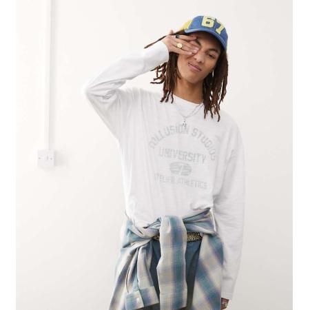 COLLUSION - T-shirt van slubstof met lange mouwen en print in wit