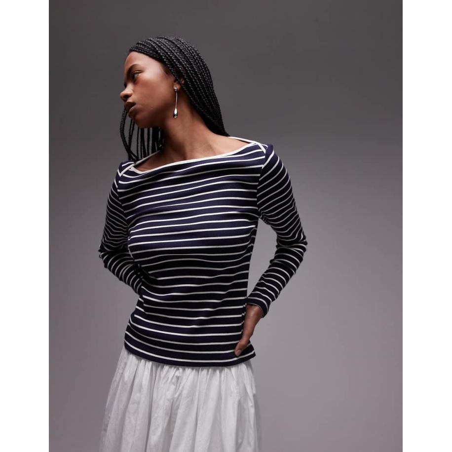 Mango T-shirt met lange mouwen, boothals en strepen in marineblauw Blauw