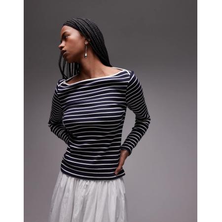 Mango T-shirt met lange mouwen, boothals en strepen in marineblauw