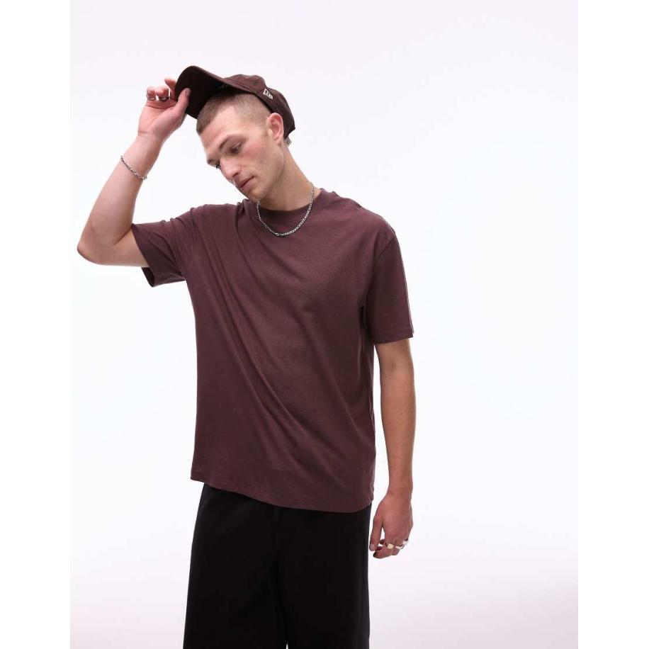 Topman - Oversized T-shirt van linnenmix in bruin Bruin