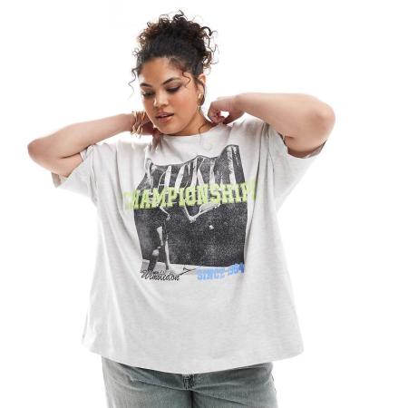 ASOS DESIGN Curve Oversized T-shirt met tennis championship-print in gemêleerd lichtgrijs-Wit