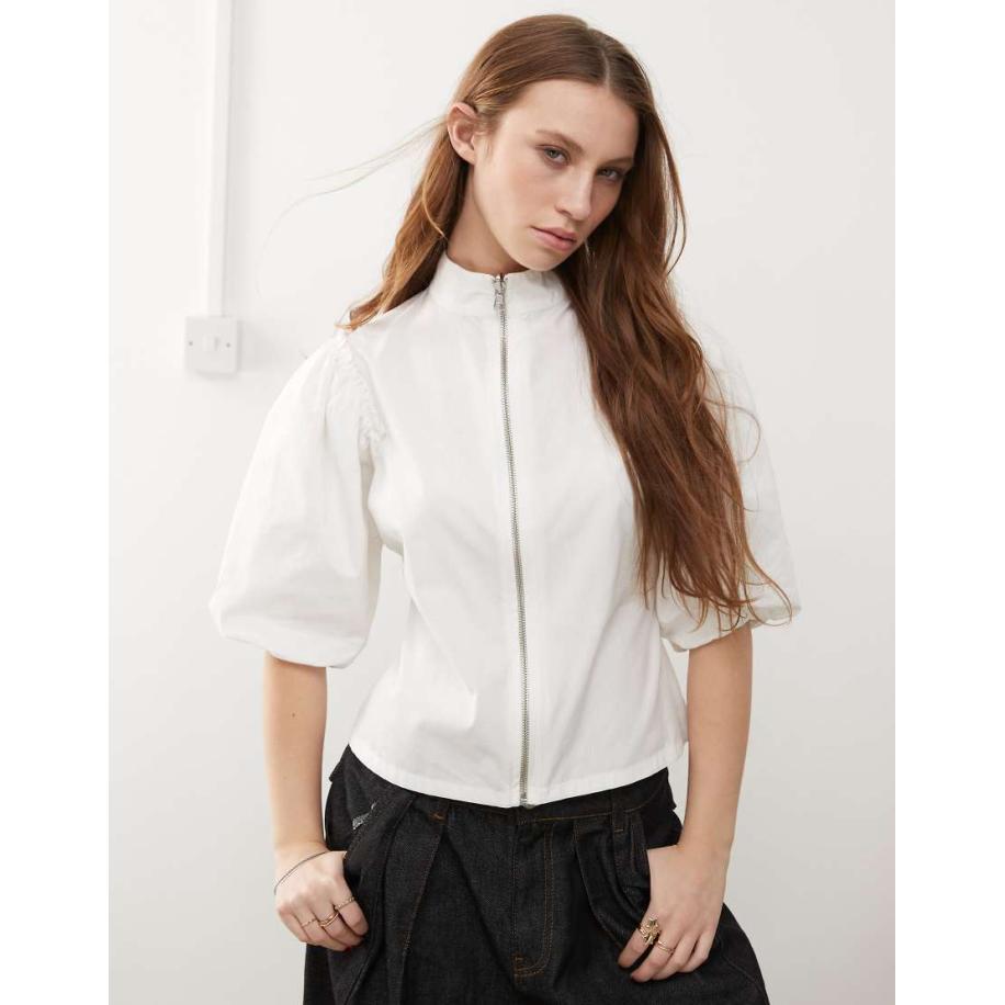 COLLUSION Top met pofmouwen en ritsdetail in wit-Marineblauw Blauw