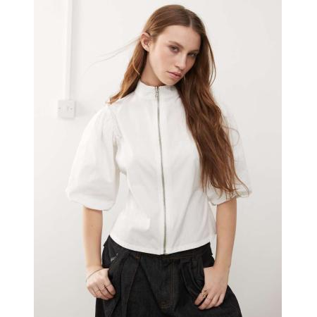 COLLUSION Top met pofmouwen en ritsdetail in wit-Marineblauw