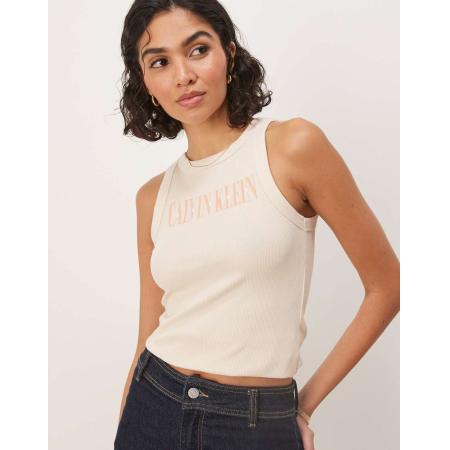 Calvin Klein Jeans Geribbelde tanktop met print in beige-Neutraal