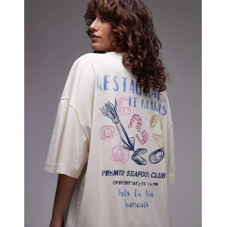 Topshop Oversized T-shirt met grafische oesterprint in ecru-Wit