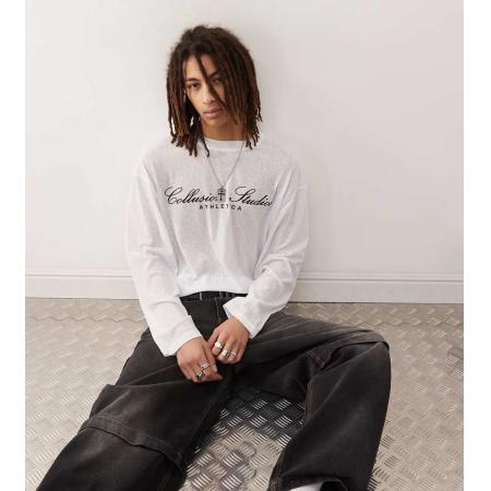 COLLUSION - Doorschijnend skater T-shirt met lange mouwen, rechte pasvorm, textuur en print in wit