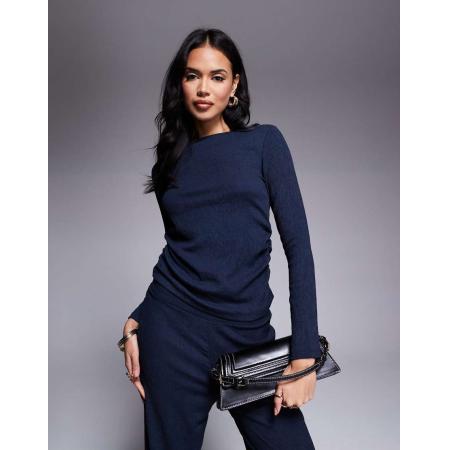 River Island T-shirt met textuur en lange mouwen in marineblauw, deel van co-ord set