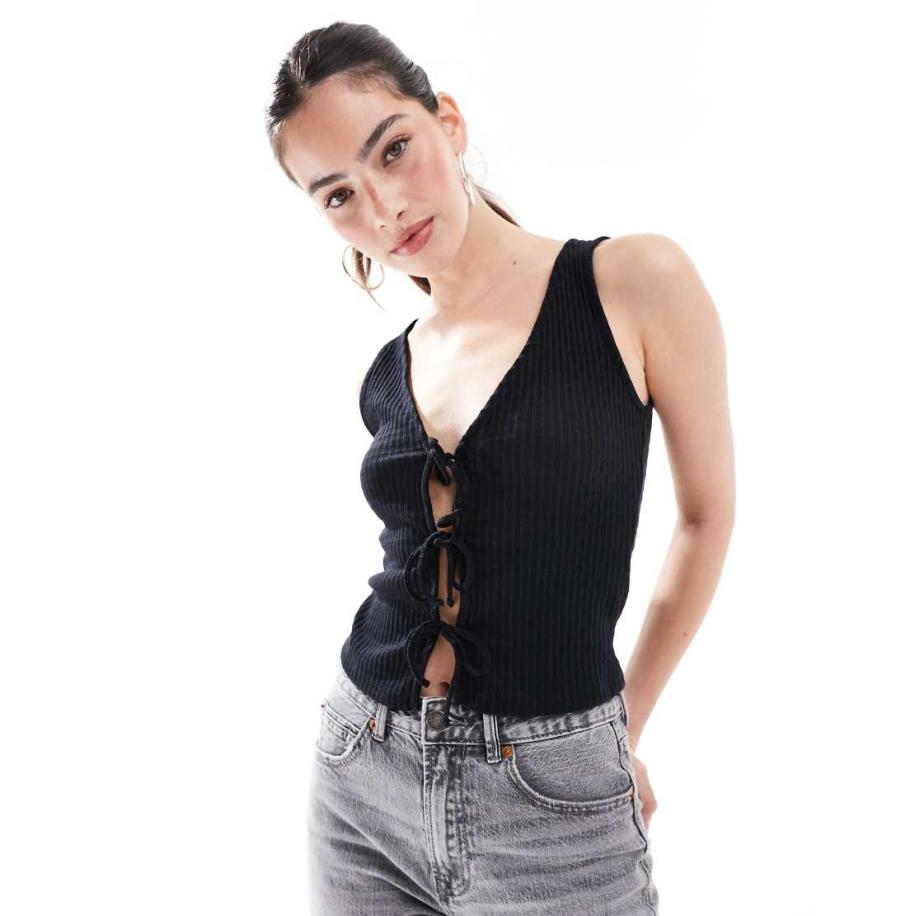 New Look Hemdje van jersey met gestrikte voorkant in zwart Zwart