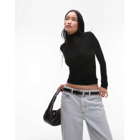 Topshop Geribbelde premium top met lange mouwen en opstaande boord in zwart-Geen kleur