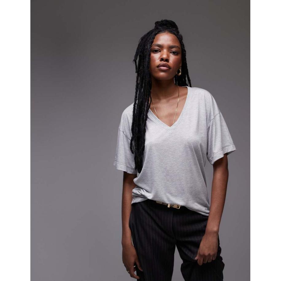 Topshop Ruimvallend T-shirt met V-hals in gemêleerd grijs Grijs