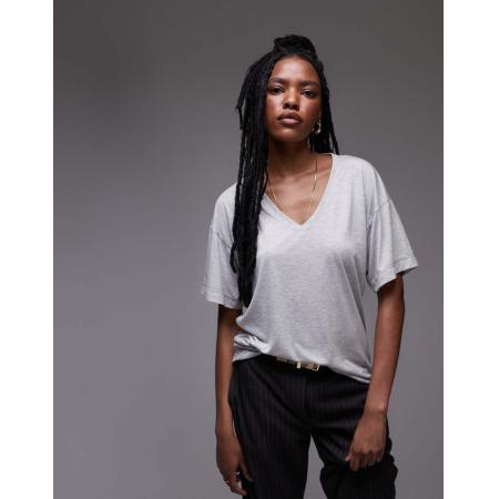Topshop Ruimvallend T-shirt met V-hals in gemêleerd grijs