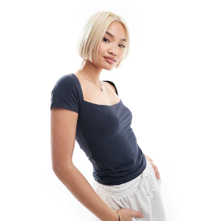 Daisy Street Jersey top met vierkante hals in antracietgrijs-Zwart Zwart
