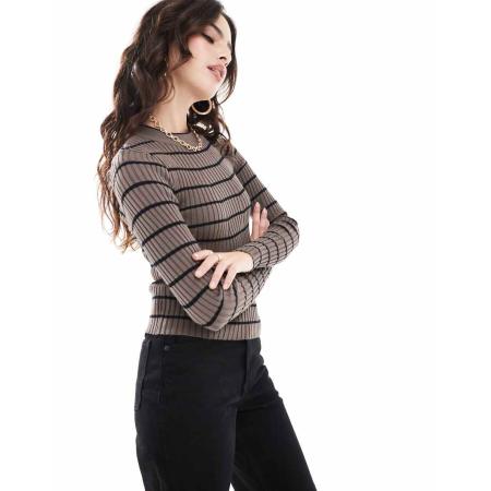 Pieces Grofgebreide gestreepte top met lange mouwen en ribbels in bruin-Brown