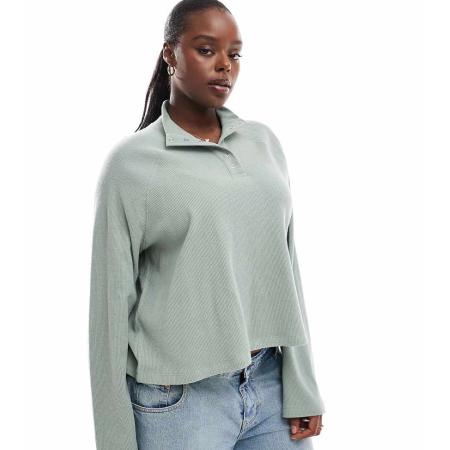 ASOS DESIGN Curve Cropped rechte henley top met lange mouwen en wafelstructuur in saliegroen