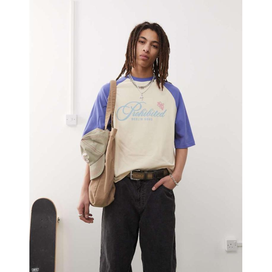 Prohibited - T-shirt met vintage print in blauw Blauw