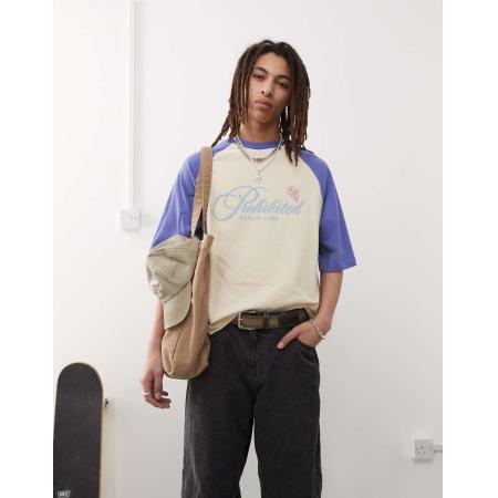 Prohibited - T-shirt met vintage print in blauw