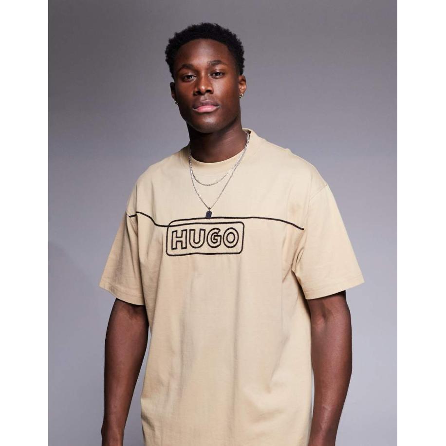 HUGO Blue - Noideryo - T-shirt met losse pasvorm en logoprint met lijn in beige-Neutraal Multicolor