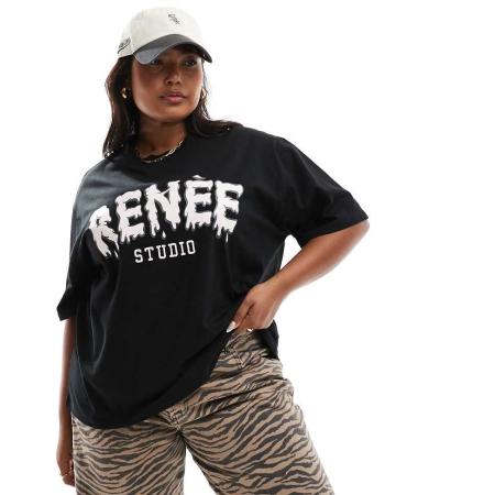 Renee Studio x Holly Wynne Plus Exclusives Oversized T-shirt met geborduurd logo in zwart