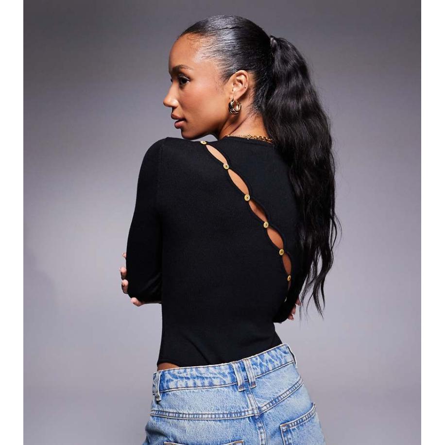 Kaiia Exclusives Gebreide bodysuit met asymmetrische knopen op de achterkant en lange mouwen in zwart Zwart