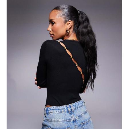 Kaiia Exclusives Gebreide bodysuit met asymmetrische knopen op de achterkant en lange mouwen in zwart