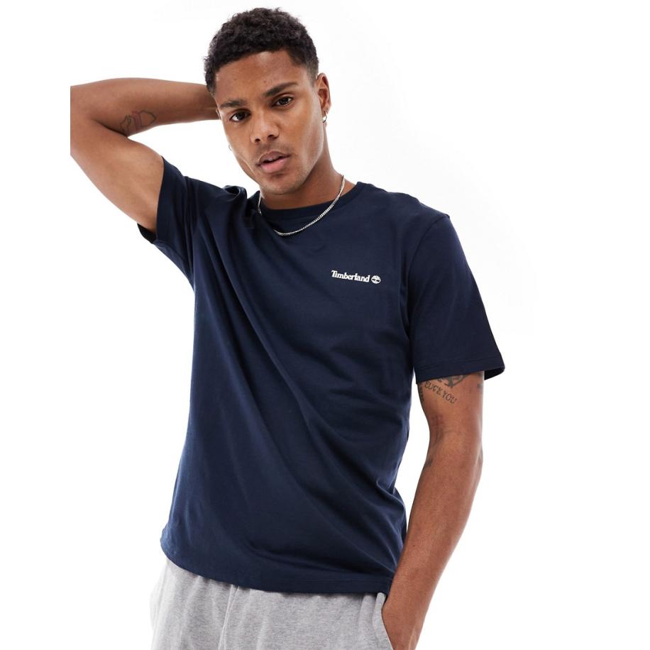 Timberland - T-shirt met klein geschreven logo in marineblauw Blauw