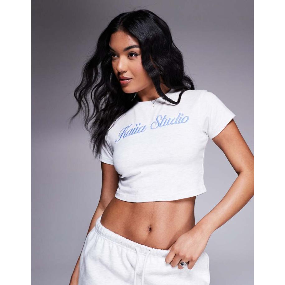 Kaiia Baby T-shirt met borduursel in grijs gemêleerd en blauw, deel van co-ord set Grijs