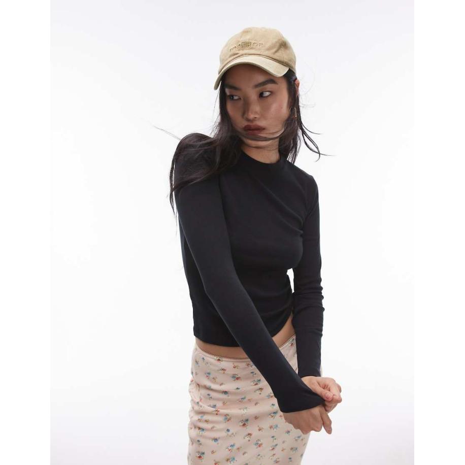 Topshop Smalle top met lange mouwen in zwart Zwart