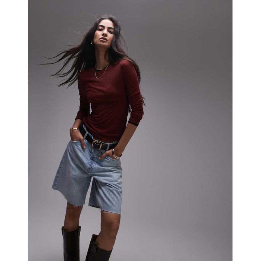 Topshop Premium Doorschijnende basic top met ronde hals, lange mouwen en contrasterend randje in bordeauxrood Rood