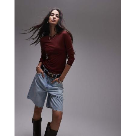 Topshop Premium Doorschijnende basic top met ronde hals, lange mouwen en contrasterend randje in bordeauxrood