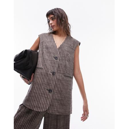 Topshop Oversized gilet van linnen met strepen in bruin