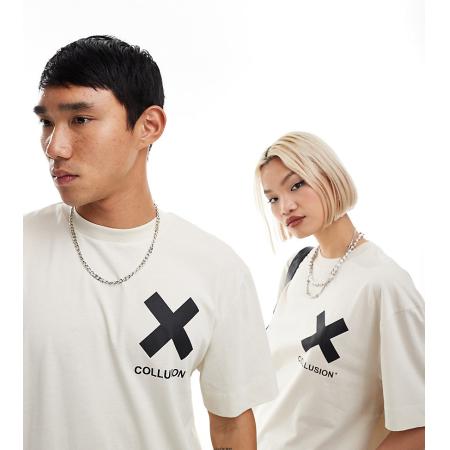 COLLUSION Unisex Katoenen T-shirt met X-logo in gebroken wit