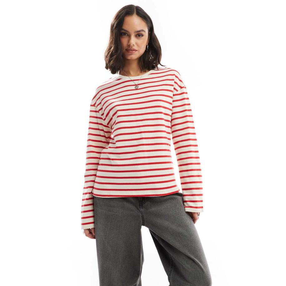 ONLY T-shirt met lange mouwen en strepen in crème en rood-Wit Wit