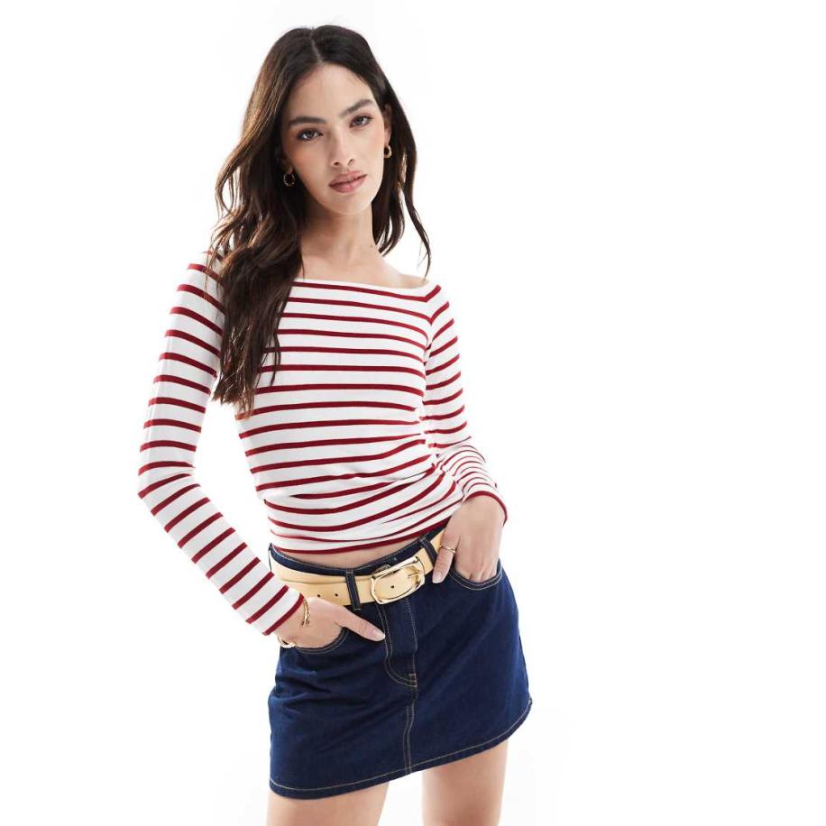 Only Top met lange mouwen en boothals in rood gestreept-Wit Wit