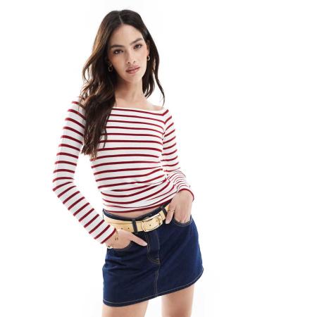 Only Top met lange mouwen en boothals in rood gestreept-Wit