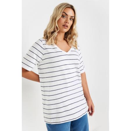 Yours Katoenen Tshirt Met Gestikte Strepenprint In Wit Size 46