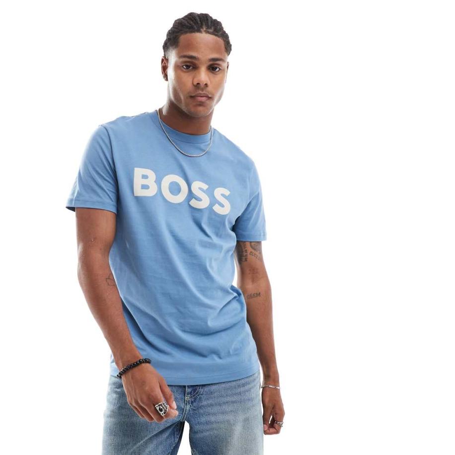 BOSS Orange - T-shirt met wit logo in lichtblauw-Marineblauw Blauw