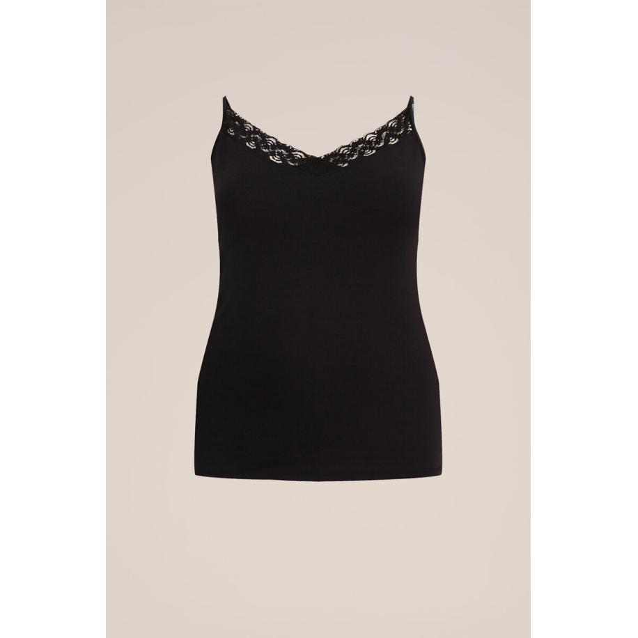 WE Fashion Dames singlet met kant - Curve - Zwart - Katoen - Plus Size Maat: 44 Zwart