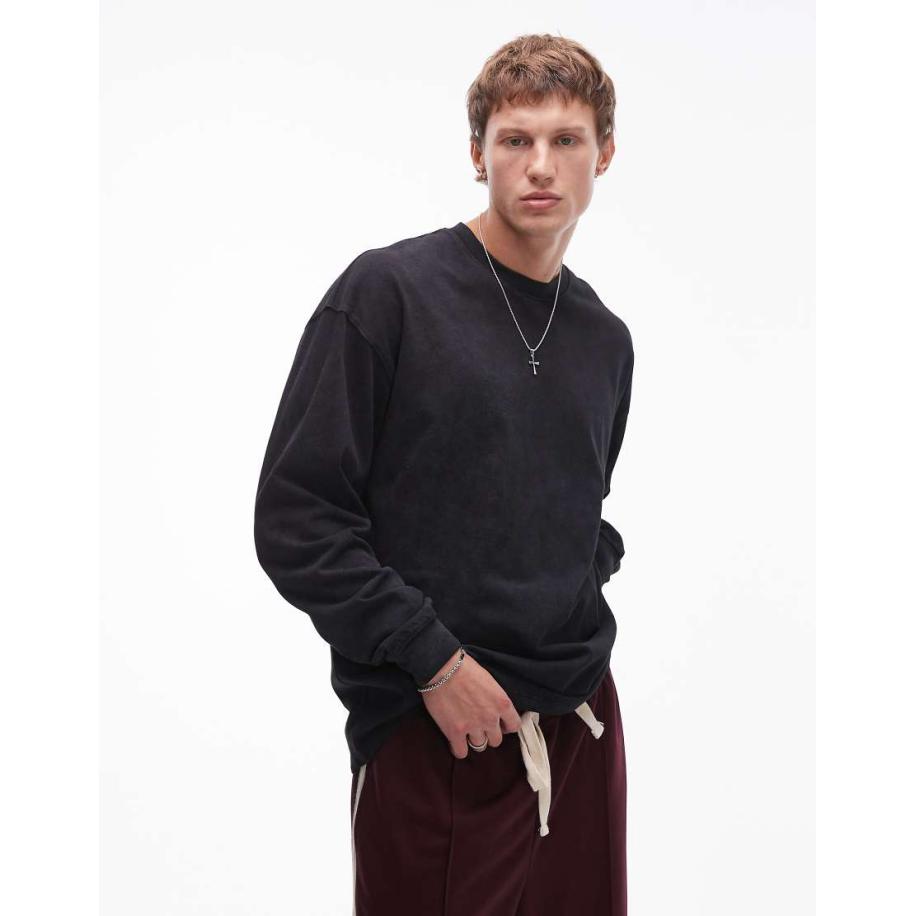 Topman - Oversized T-shirt met lange mouwen in zwart met wassing Zwart