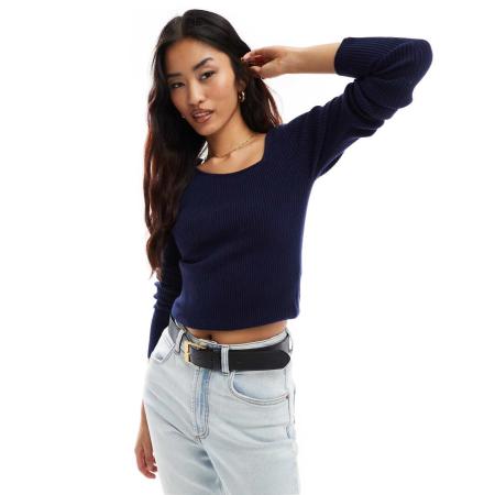 YAS Asymmetrische gebreide top met lange mouwen in marineblauw