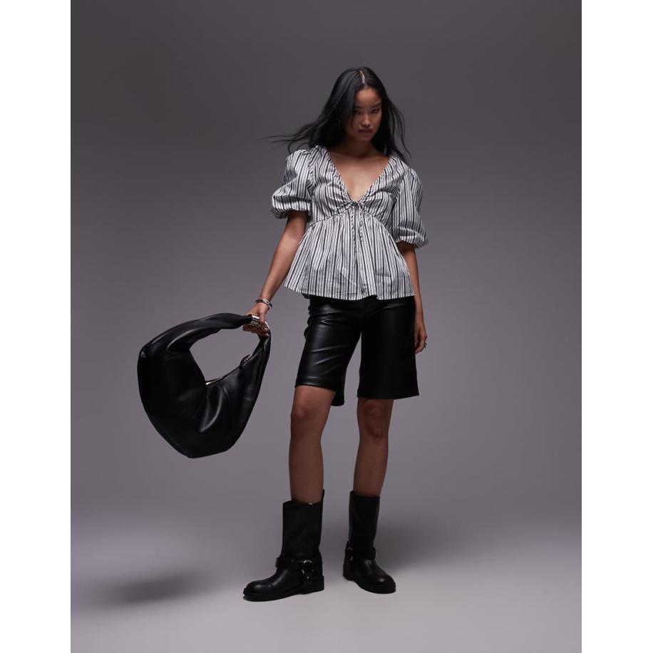 Topshop Gestreepte top van poplin met pofmouwen in zwart-wit Zwart