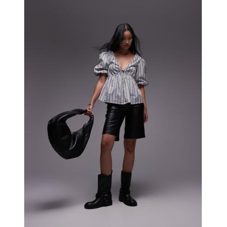 Topshop Gestreepte top van poplin met pofmouwen in zwart-wit