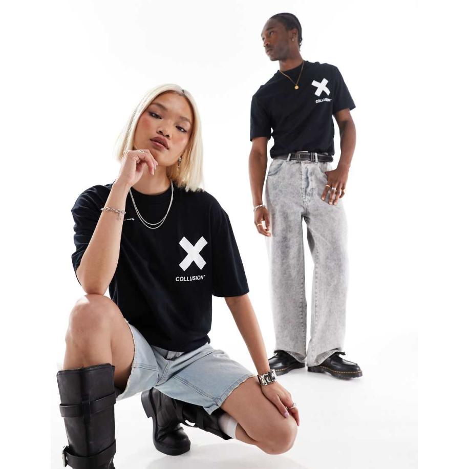 COLLUSION Unisex Katoenen T-shirt met logo in zwart Zwart