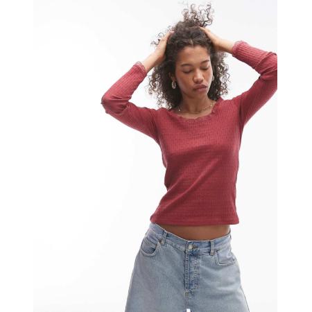 Topshop Ajourgebreide top met kant en lange mouwen in bordeauxrood-Geen kleur