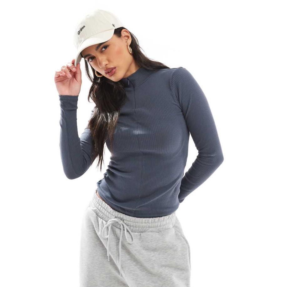 Pieces Geribbelde top van jersey met dubbele rits in grijsblauw Blauw