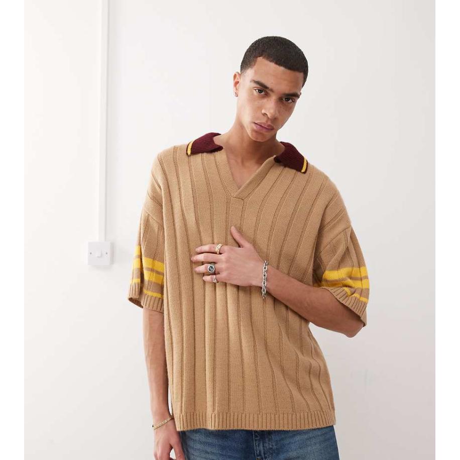 COLLUSION - Gebreid oversized overhemd met kraagje in bruin Bruin